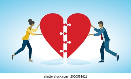 Red heart  with puzzle, jigsaw shape and woman and man. Vector illustration. Dimension 16:9. EPS10.