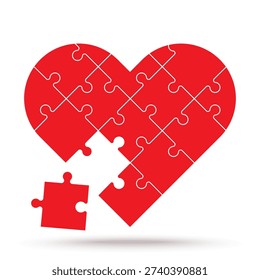 red heart puzzle with a missing piece, flat vector illustration