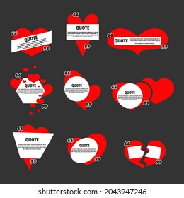 Red heart with quote box frames set isolated on black background. Speech bubble, quotation, comment, message, reference border in love style. Vector illustration