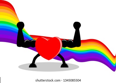 Red heart raising hands; rainbow pride flag background. Concepts of support LGBT or LGBTQ (lesbian, gay, bisexual, transgender, and questioning), love, valentines, etc. Vector illustration, EPS10