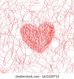 Red Heart from random abstract chaotic lines. Drawing doodles. Love. February 14. Valentine's Day