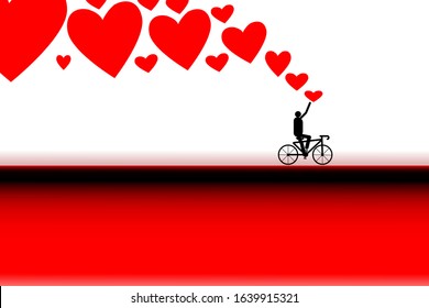 Red heart, red-black road surface ,Vector isolated bicycle icon. Bike silhouette symbol  