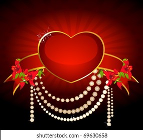 Red heart with ribbon and beautiful flowers. Vector