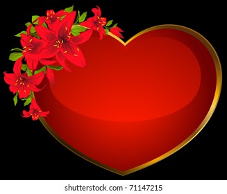 Red heart with ribbon and beautiful flowers