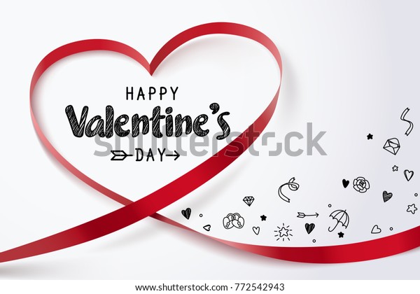 白い背景に赤いハートリボンとハッピーバレンタインデーと愛の落書き