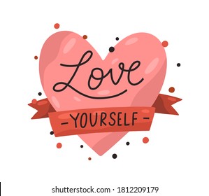 Red heart and ribbon with inscription Love yourself vector flat illustration. Cute symbol for self acceptance with motivational quote isolated. Composition or sticker with slogan and design elements