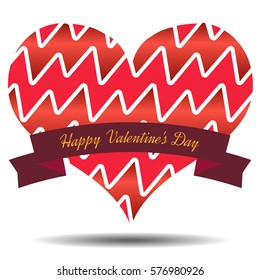 Red heart with ribbon and shadow on a white background. Symbol of love. Vector valentine illustration.
