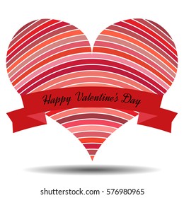 Red heart with ribbon and shadow on a white background. Symbol of love. Vector valentine illustration.