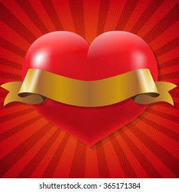 Red Heart With Ribbon With Sunburst Background With Gradient Mesh, Vector Illustration