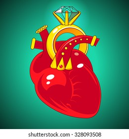 Red heart with ring. Valentine's day. EPS 10.