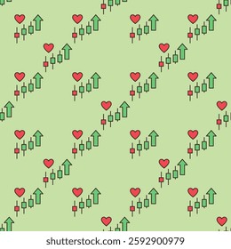 Red Heart and Rising Candlestick Chart vector Market Engagement concept colored seamless pattern
