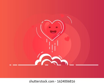 Red heart rocket launch for love boost. Trendy flat vector on red background. Vector Illustration.