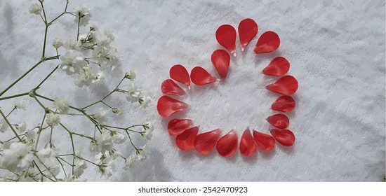 Red heart from rose petals. Petal heart. Postcard Valentine. Postcard women's day. Marriage proposal. Romantic background. Red petals. Wedding day. Feeling of love.