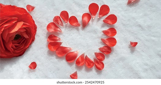 Red heart from rose petals. Petal heart. Postcard Valentine. Postcard women's day. Marriage proposal. Romantic background. Red petals. Wedding day. Feeling of love.