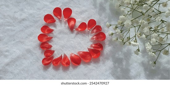 Red heart from rose petals. Petal heart. Postcard Valentine. Postcard women's day. Marriage proposal. Romantic background. Red petals. Wedding day. Feeling of love.