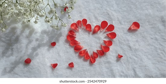 Red heart from rose petals. Petal heart. Postcard Valentine. Postcard women's day. Marriage proposal. Romantic background. Red petals. Wedding day. Feeling of love.