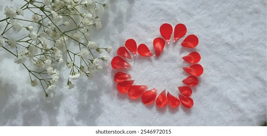 Red heart from rose petals. Petal heart. Postcard Valentine. Postcard women's day. Marriage proposal. Romantic background. Red petals. Wedding day. Feeling of love.