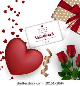 Red heart with roses, gift boxes with a bow, gold ribbon on a white background. Festive Inscription Lettering "Happy Valentine's Day". Vector.