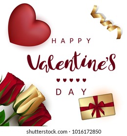 Red heart with roses, gift boxes with a bow, gold ribbon on a white background. Festive Inscription Lettering "Happy Valentine's Day". Vector.