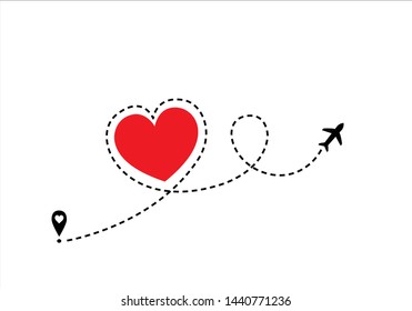red heart route vector design Airplane line path icon of air plane flight route with start point and dash line trac. illustration
