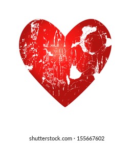 Red heart with scratches and abrasions aged texture on white background