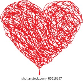 Red heart scribble with lines texture on white background. Element for your Valentine`s Day Design