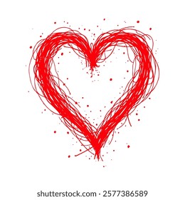 Red heart with scribbled lines and artistic ink splatters, set on a white background. Concept of love, passion, and creativity. Valentine's day illustration.