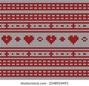 Red heart seamless knitted pattern, Scandinavian style ornament. Cozy Knit Hearts Seamless Pattern: A classic wintery knit texture, featuring a repeating pattern of red hearts on a gray background.