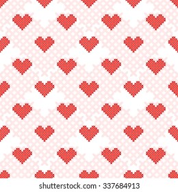 Red Heart seamless pattern. Cross-stitch. Crafts and Hobbies. Valentine's day. Love card. Vector illustration.