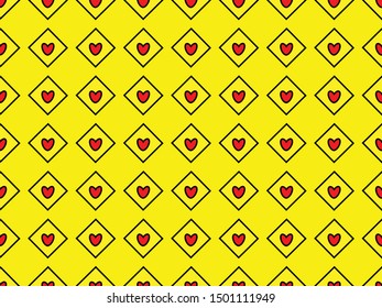 Red heart seamless pattern. hearts on yellow background and texture. Red heart with a square frame vector illustration.