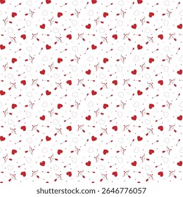 Red heart seamless pattern with love arrows and romantic bows on a white background