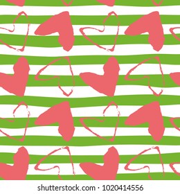Red heart seamless pattern on striped background