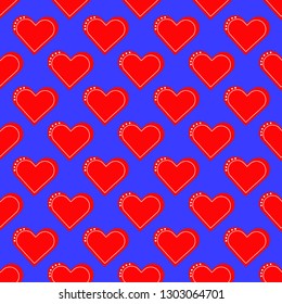 Red heart seamless pattern on the blue background