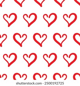 red heart seamless pattern on white background. Cute love Hand drawn doodle hearts Repeating pattern for Valentine's day holiday backdrop texture, romantic wedding design