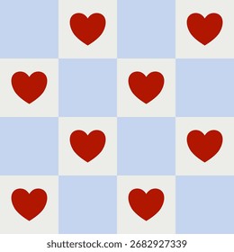Red Heart Seamless Pattern on Blue and White Checkerboard