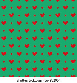 Red heart seamless pattern on a green background for Happy Valentine's Day. Vector illustration