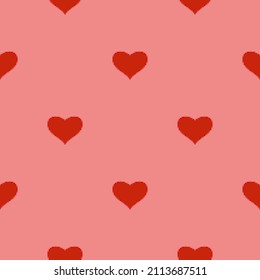 Red heart seamless pattern in pixel art style. pink background. 8 bit wallpaper. Valentine's Day backdrop. Creative design for fabric, textile print, wrapping, cover, banner Vector illustration