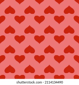 Red heart seamless pattern in pixel art style. pink background. 8 bit wallpaper. Valentine's Day backdrop. Creative design for fabric, textile print, wrapping, cover, banner Vector illustration