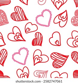 Red heart seamless pattern, vector doodle line art love endless background. Great for wrapping papers,cushions, cloth, bedsheet, home textile