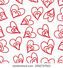 Red heart seamless pattern, vector doodle line art love endless background. Great for wrapping papers,cushions, cloth, bedsheet, home textile