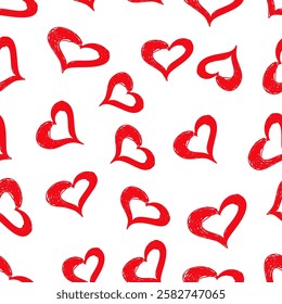 Red heart seamless pattern, vector doodle line art love endless background. Great for wrapping papers,cushions, cloth, bedsheet, home textile