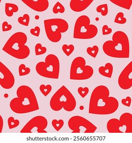 Red heart seamless patterns on a pink background create a vibrant and cheerful design for various occasions.