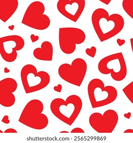 Red heart seamless patterns on a white background create a vibrant and cheerful design for various occasions.