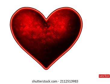 Red heart with sequins isolated on white background. Heart texture. 3D effect. Square valentine. Design element for a Valentine's Day card. Sticker, icon, poster, banner. Vector