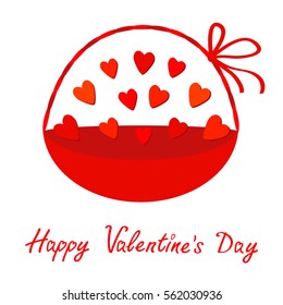 Red heart set Basket with handle bow. Gift object. Happy Valentines day card Flat design. Isolated. White background. Vector illustration