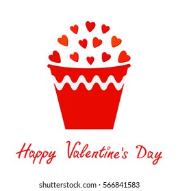 Red heart set in bucket. Gift object. Flower pot. Happy Valentines day card Flat design. Isolated. White background. Vector illustration