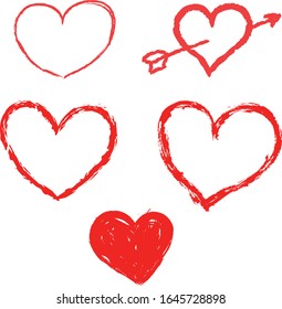 red heart set hand drawn grunge texture vector isolated