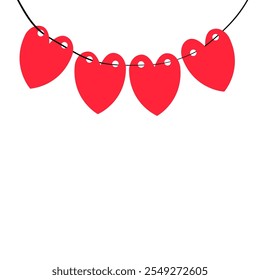 Red heart set hanging garland. Happy Valentines Day greeting card, invitation, banner template. Love sticker. Hearts decoration. Romantic icon. Flat design. White background. Vector illustration