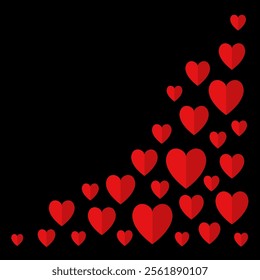 Red heart set. Happy Valentine's Day. Origami paper hearts in right corner. Cute flying half heart. Poster, flyer, love greeting card, banner template. Flat design. Black background. Isolated. Vector