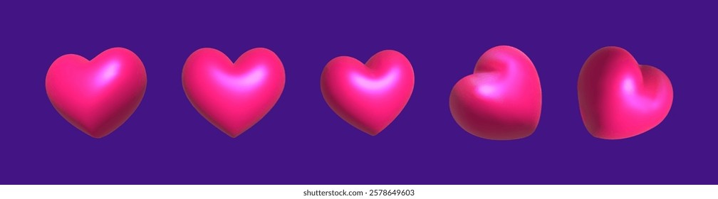 Red heart set isolated on purple background. Love symbol. High quality 3D vector holiday elements